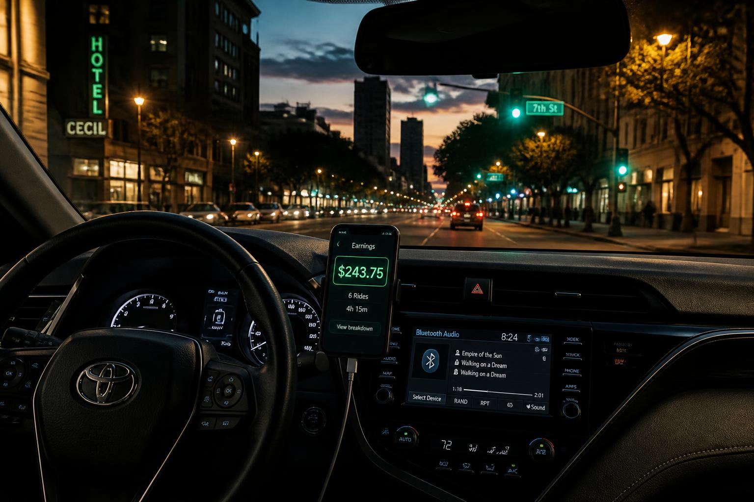 View from the driver's seat at dusk with the dashboard lit up